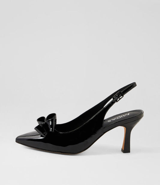 Image of Heels. Productname: Lilbow Black Patent Leather Heels in BLACK colour by brand - MIDAS