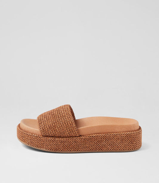 Image of Slippers. Product name - Brittnee Tan Woven Slides in Tan colour by brand - MOLLINI