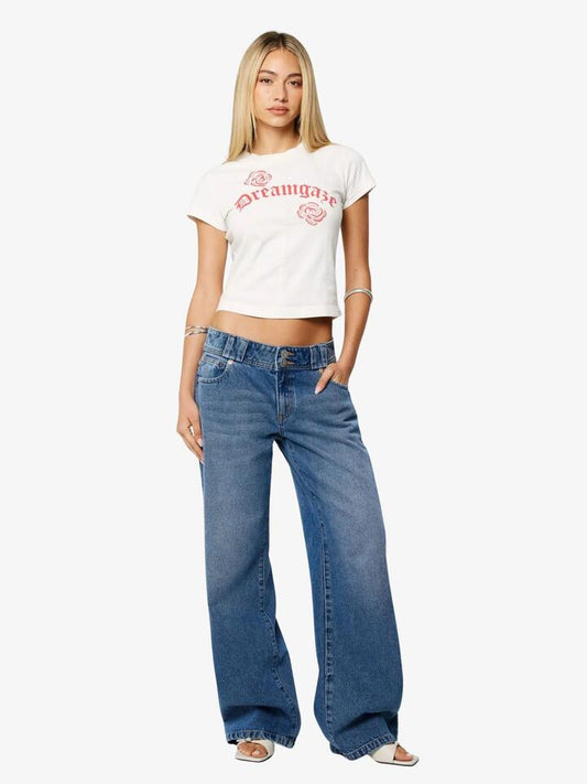 Image of a model wearing Tops. Productname: Abrand Dreamgaze Baby Tee in WHITE SAND colour by brand - Abrand