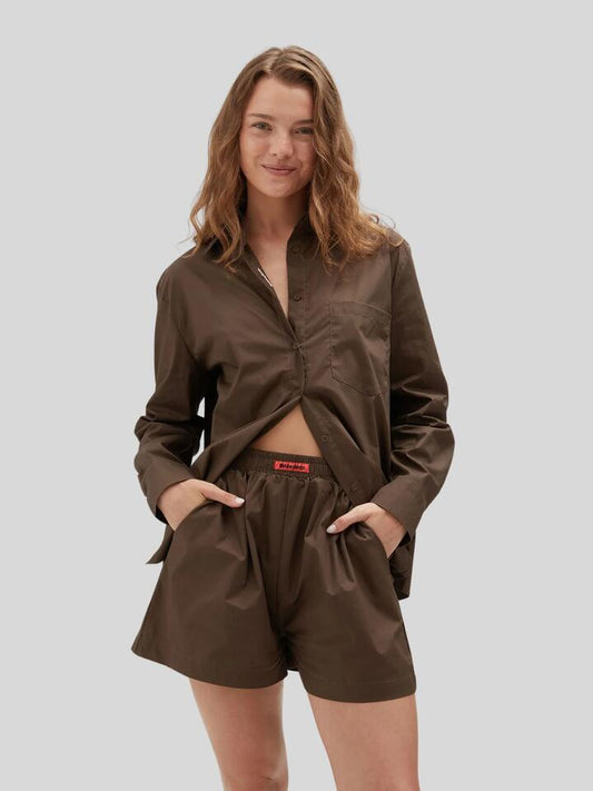 Image of a model wearing Tops. Productname: Holiday Shop Cotton Shirt in Chocolate colour by brand - Holiday Shop