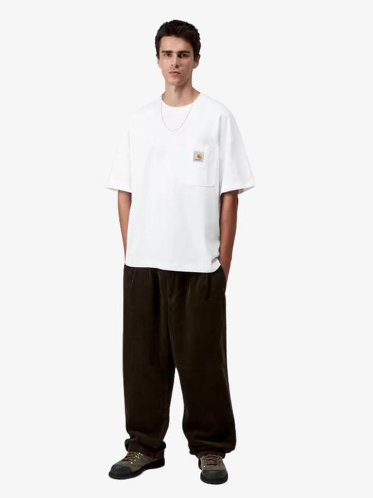 Image of a model wearing Shorts. Productname: Carhartt Wip Short Sleeve Work Pocket T-Shirt in White colour by brand - Carhartt Wip