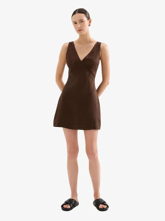 Image of Dresses. Productname: Nude Lucy Blair Linen Mini Dress in Chocolate colour by brand - Nude Lucy