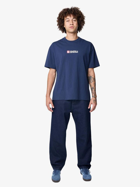 Image of a model wearing Tops. Productname: S-Double S Cube Mid Block Short Sleeve Tee in Navy colour by brand - S-Double