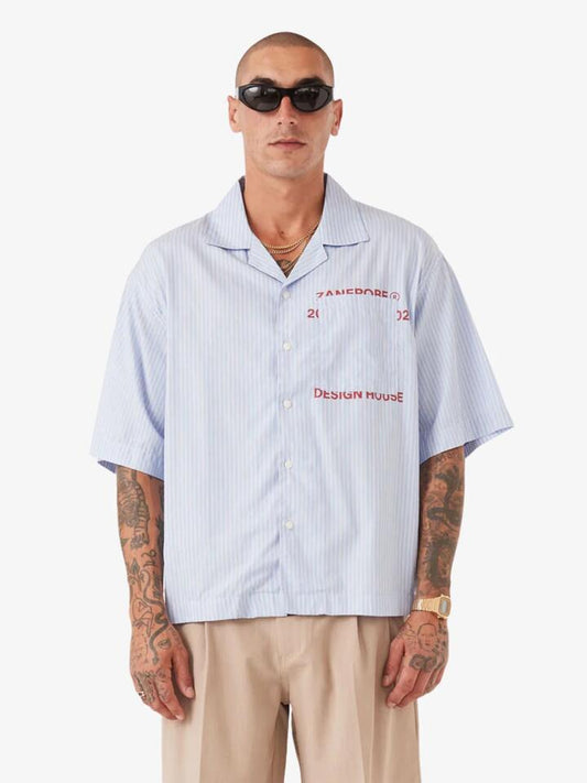Image of Shirts. Productname: Zanerobe Overlap Crop Shirt in Blue Stripe colour by brand - Zanerobe