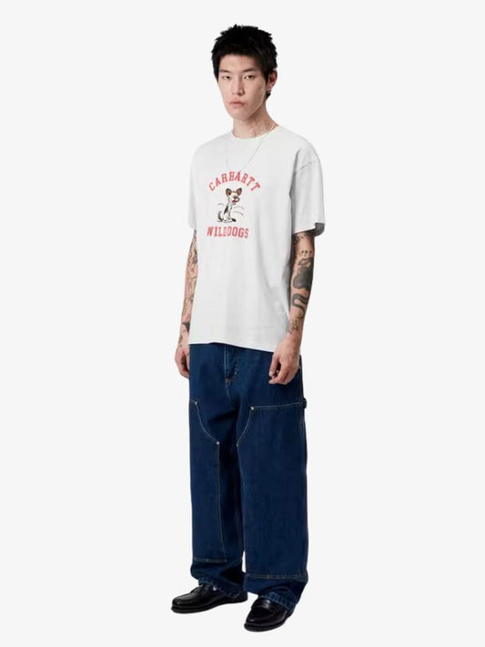 Image of a model wearing Shorts. Productname: Carhartt Wip Short Sleeve Wild Dog T-Shirt in Ash Heather colour by brand - Carhartt Wip