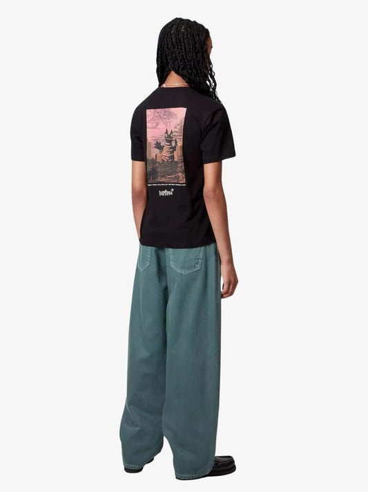 Image of a model wearing Tops. Productname: Carhartt Wip W' S/S Wiptopia T-Shirt in Black colour by brand - Carhartt Wip