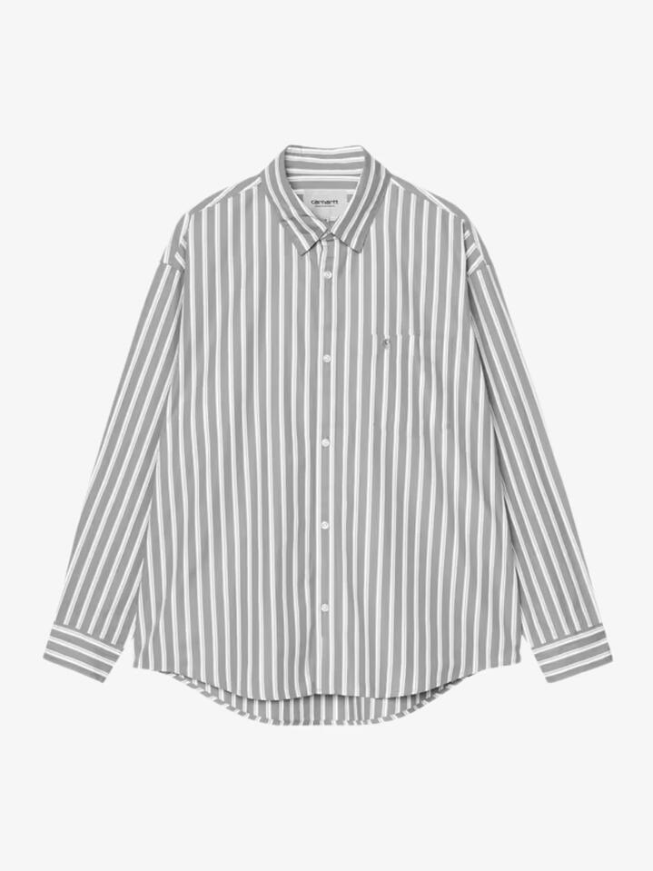Image of a model wearing Tops. Productname: Carhartt Wip Long Sleeve Malden Shirt in Malden Stripe/Yosemite colour by brand - Carhartt Wip