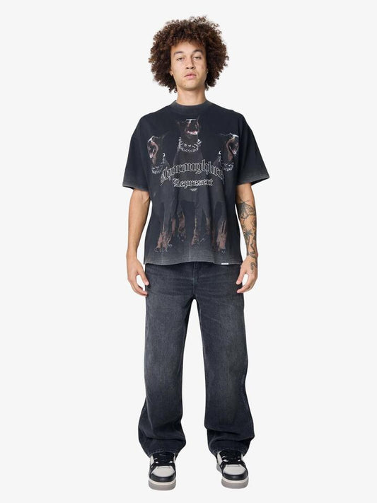 Image of a model wearing Tops. Productname: Represent Represent Thoroughbred T-Shirt in Vintage Black colour by brand - Represent