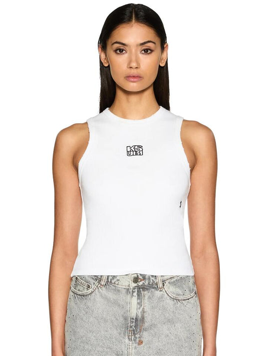 Image of a model wearing Tops. Productname: Ksubi Stacked Syndicate Tank in Extra White colour by brand - Ksubi