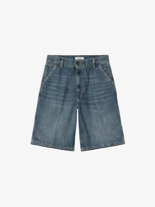 Image of a model wearing Shorts. Productname: Carhartt Wip Women's Brandon Single Knee Shorts in Blue Dark Wash colour by brand - Carhartt Wip