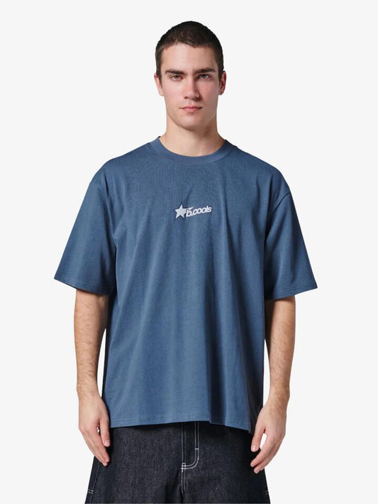 Image of a model wearing Tops. Productname: Barney Cools Star Tee in Workshop Blue colour by brand - Barney Cools