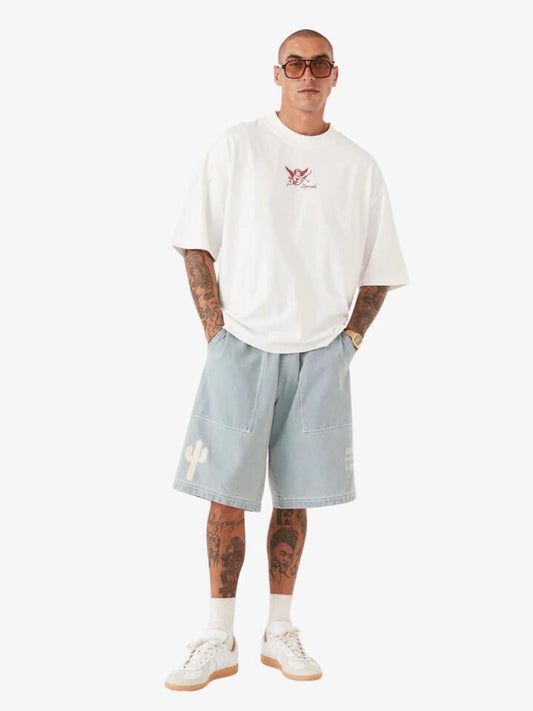 Image of a model wearing Tops. Productname: Zanerobe Cupid's Corridor Flow Tee in Vintage White colour by brand - Zanerobe