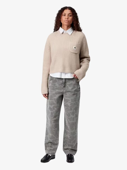 Image of a model wearing Pants. Productname: Carhartt Wip Women's Duck Orell Pants in Camo Duckblackheavy Bleached colour by brand - Carhartt Wip