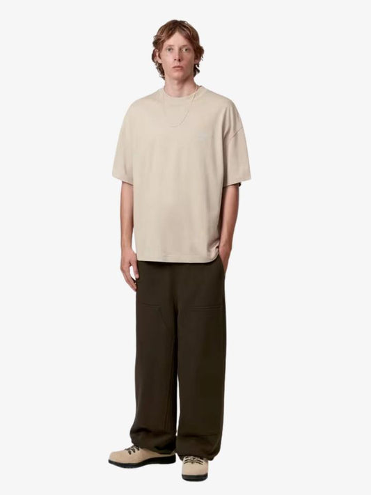 Image of a model wearing Tops. Productname: Carhartt Wip Short Sleeve Signature Script T-Shirt in Fleur De Sel/Citadel colour by brand - Carhartt Wip