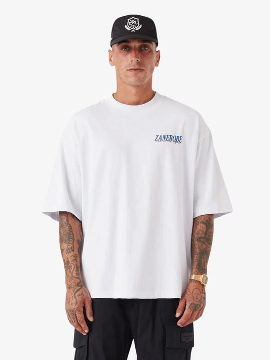 Image of a model wearing Tops. Productname: Zanerobe Portfolio Flow Tee in White colour by brand - Zanerobe