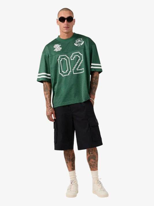 Image of a model wearing Tops. Productname: Zanerobe Heritage Mesh Flow Tee in Forest colour by brand - Zanerobe