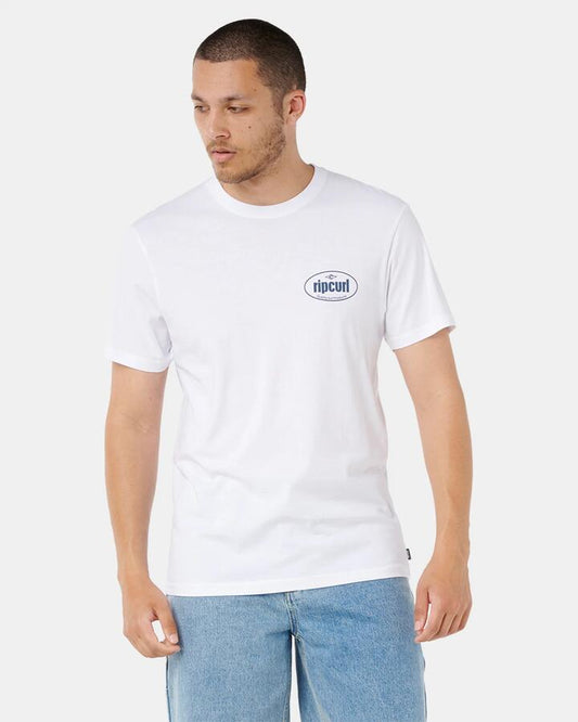 Image of a model wearing Tops. Productname: rip Curl Mens Everyday T-Shirt White - in White colour by brand - rip Curl