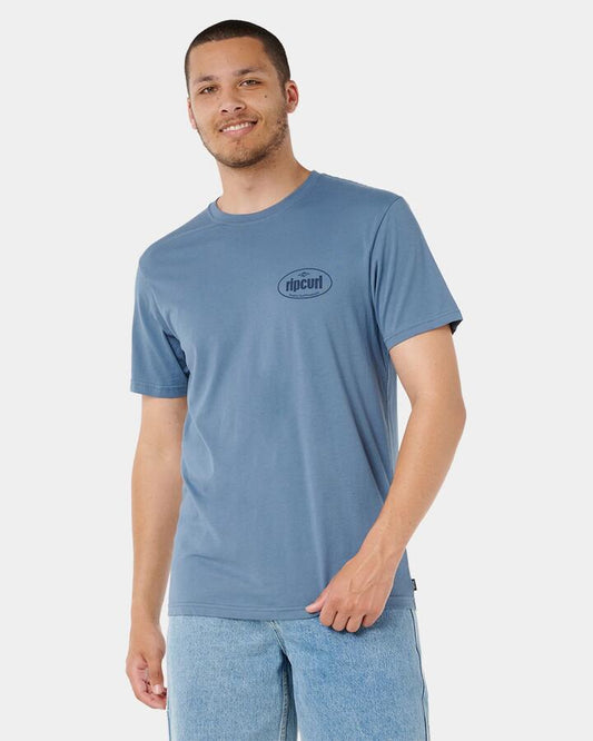 Image of a model wearing Tops. Productname: rip Curl Mens Everyday T-Shirt Bluefin - in Bluefin colour by brand - rip Curl