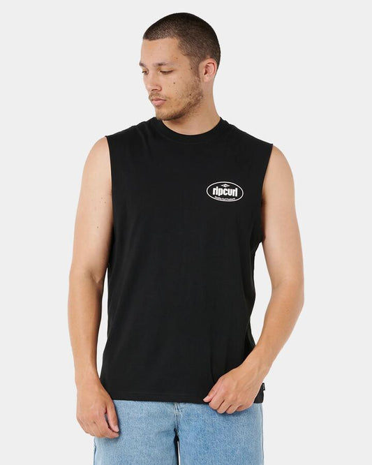 Image of a model wearing Tops. Product name - Rip Curl Mens Everyday Muscle Black in Black colour by brand - Rip Curl