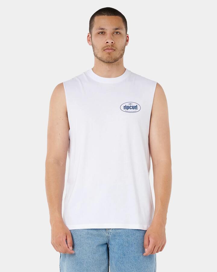 Image of a model wearing Tops. Productname: rip Curl Mens Everyday Muscle White - in White colour by brand - rip Curl