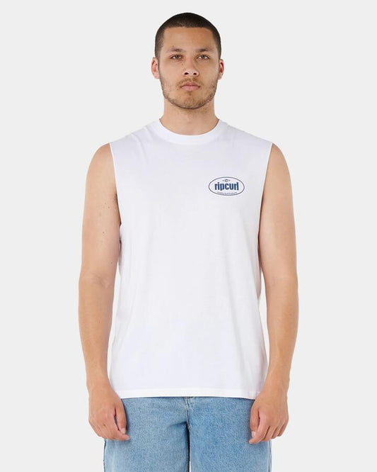 Image of a model wearing Tops. Productname: rip Curl Mens Everyday Muscle White - in White colour by brand - rip Curl
