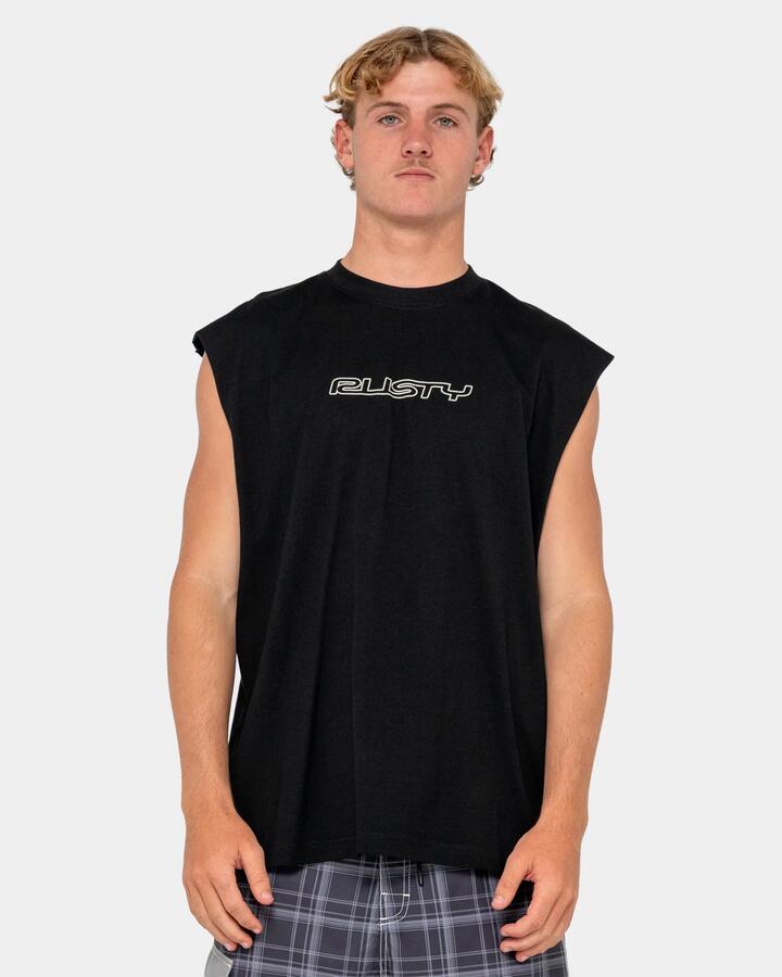Image of a model wearing Tops. Productname: rusty Mens Flip Daddy Muscle Shirt Black - in Black colour by brand - Rusty