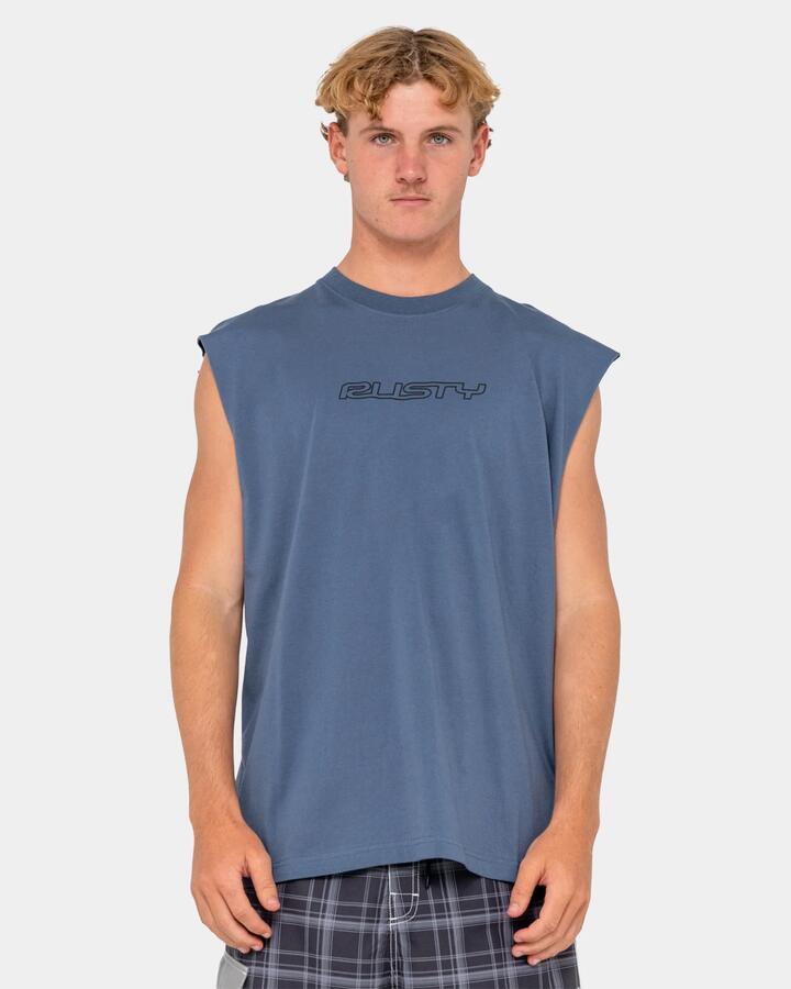 Image of a model wearing Tops. Product name - Rusty Mens Flip Daddy Muscle Shirt China Blue in China Blue colour by brand - Rusty