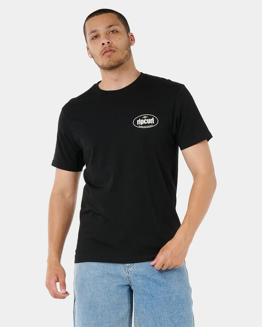 Image of a model wearing Tops. Productname: rip Curl Mens Everyday T-Shirt Black - in Black colour by brand - rip Curl