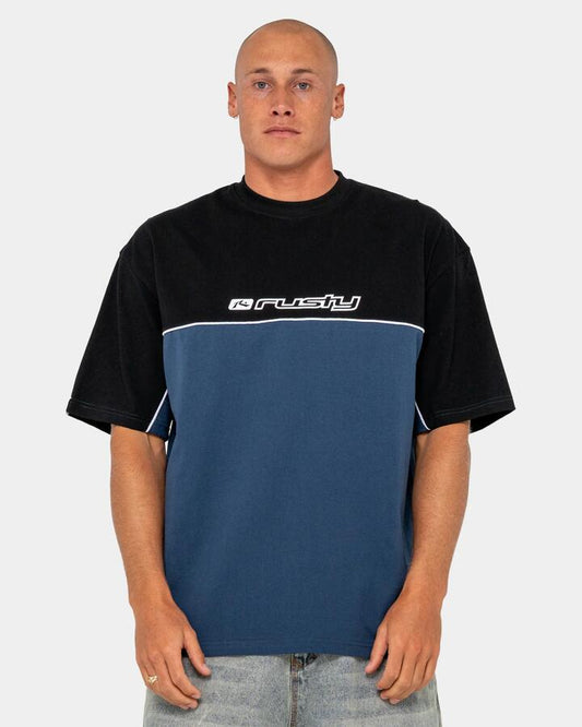 Image of a model wearing Tops. Productname: rusty Mens Infinity T-Shirt China Blue - in China Blue colour by brand - Rusty