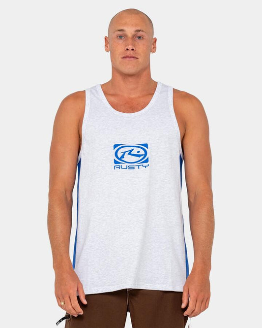 Image of a model wearing Tops. Productname: rusty Mens Hyper Tank Top Ecru Marle - in Ecru Marle colour by brand - Rusty
