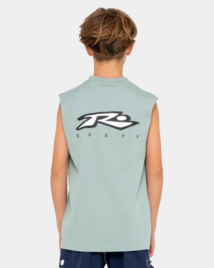 Image of a model wearing Tops. Productname: rusty Boys 8-16 Registered Muscle Shirt Slate - in Slate colour by brand - Rusty