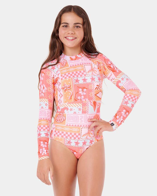 Image of a model wearing Tops. Product name - Rip Curl Girls 8-16 Paradise Club Long Sleeve One Piece Multico in Multico colour by brand - Rip Curl