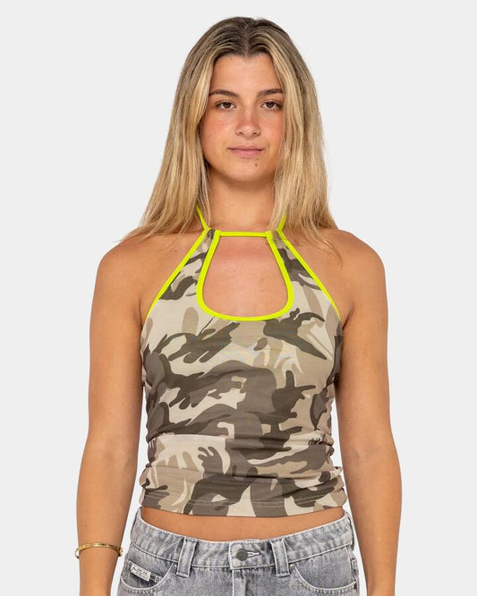 Image of a model wearing Tops. Productname: rusty - Womens Camo Classics Contrast Skimmer Tank Top - Camo - in Camo colour by brand - rusty
