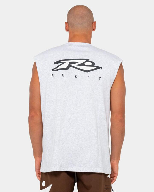 Image of a model wearing Tops. Productname: rusty - Mens Registered Muscle Shirt - Ecru Marle - in Ecru Marle colour by brand - rusty