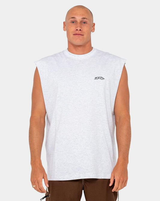 Image of a model wearing Tops. Product name - Rusty Mens Registered Muscle Shirt Ecru Marle in Ecru Marle colour by brand - Rusty