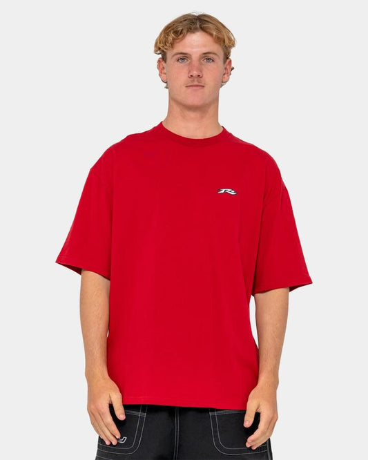 Image of a model wearing Tops. Productname: rusty Mens Registered T-Shirt Red - in Red colour by brand - Rusty