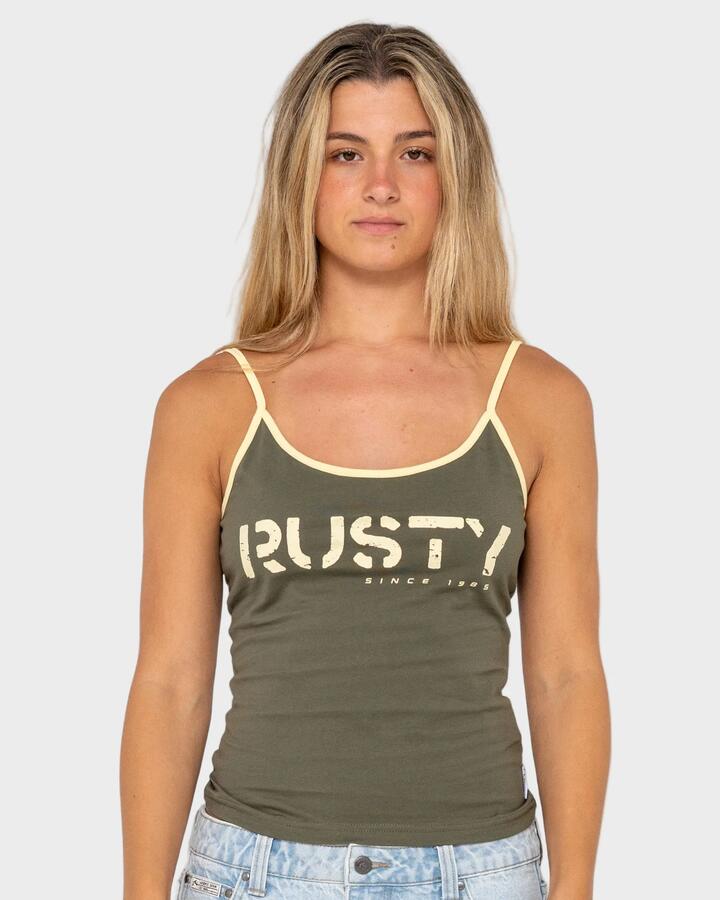 Image of a model wearing Tops. Product name - Rusty Womens Tank Girl Contrast Staple Tank Top Khaki in Khaki colour by brand - Rusty
