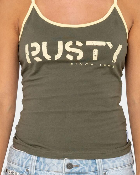 Image of a model wearing Tops. Productname: rusty Womens Tank Girl Contrast Staple Tank Top Khaki - in Khaki colour by brand - Rusty