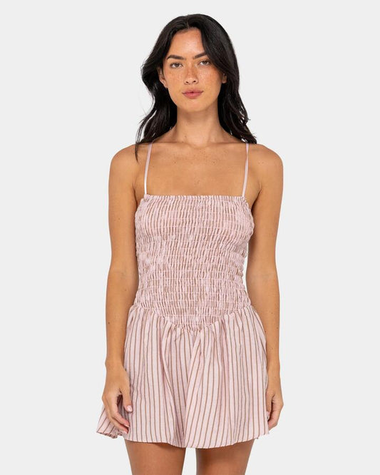 Image of Dresses. Productname: rusty - Womens Mimi Smocked Mini Dress - Pink Stripe - in Pink Stripe colour by brand - rusty