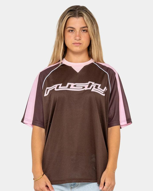 Image of T-Shirts. Product name - Rusty Womens Naples Contrast Oversized Sports Jersey T-Shirt Brown in Brown colour by brand - Rusty