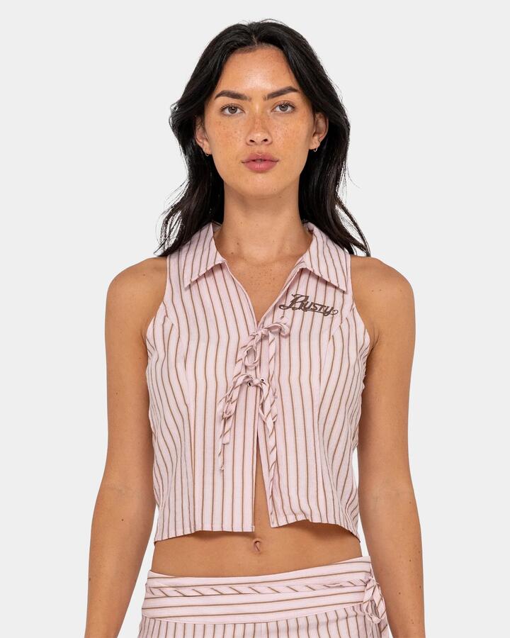 Image of a model wearing Tops. Productname: rusty - Womens Rhysand Stripe Crop Top - Pink Stripe - in Pink Stripe colour by brand - rusty
