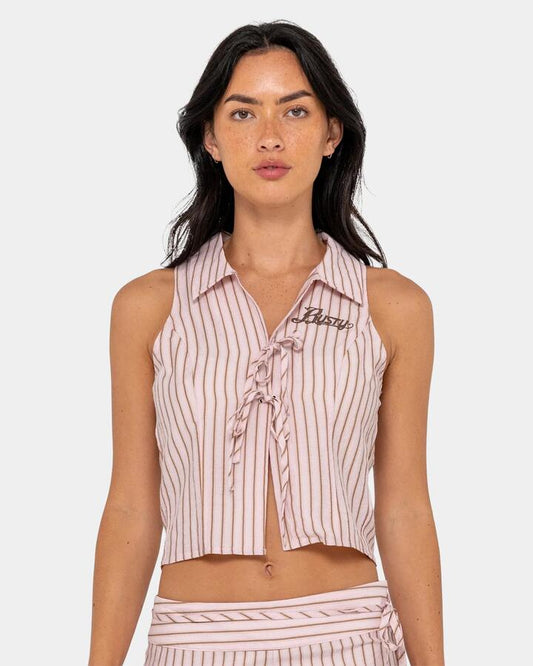 Image of a model wearing Tops. Productname: rusty - Womens Rhysand Stripe Crop Top - Pink Stripe - in Pink Stripe colour by brand - rusty
