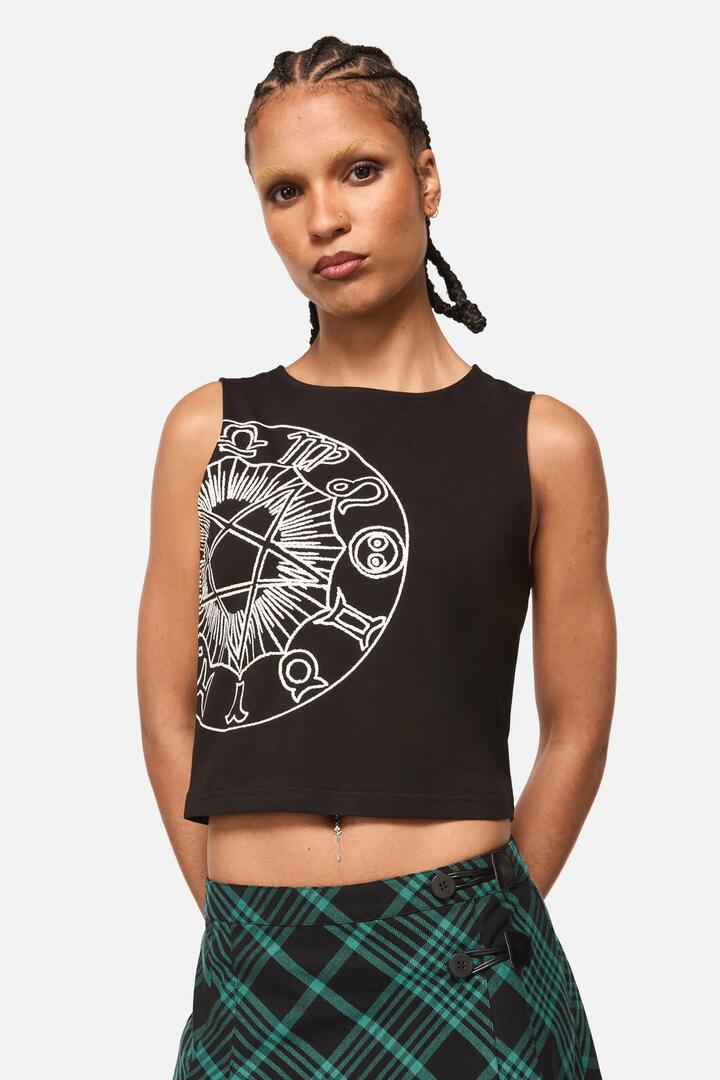 Image of a model wearing Tops. Productname: Conjuring Goth Print Tank Top in Black colour by brand - Black Friday