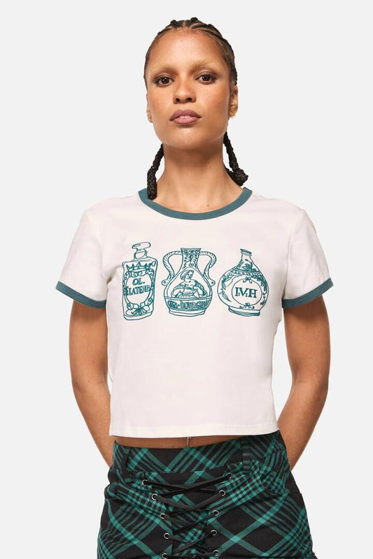 Image of a model wearing Tops. Productname: Witches Print Baby Tee in Cream colour by brand - Black Friday