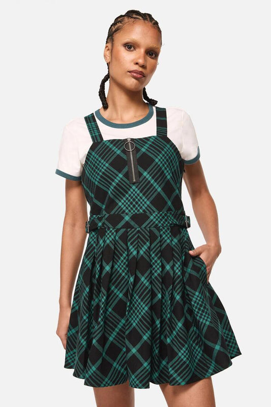 Image of Dresses. Productname: Conjuring Goth Tartan Pinafore in Black/Sage colour by brand - Black Friday