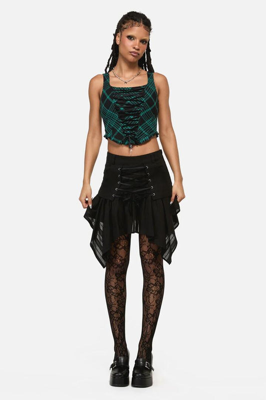 Image of a model wearing Skirts. Productname: Witches Lacing Hanky Skirt in Black colour by brand - Black Friday