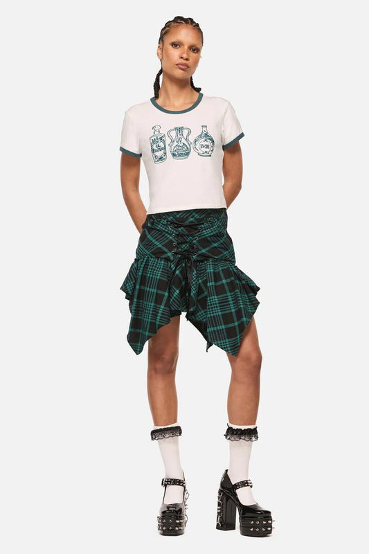 Image of a model wearing Skirts. Productname: Conjuring Tartan Hanky Skort in Black/Sage colour by brand - Black Friday