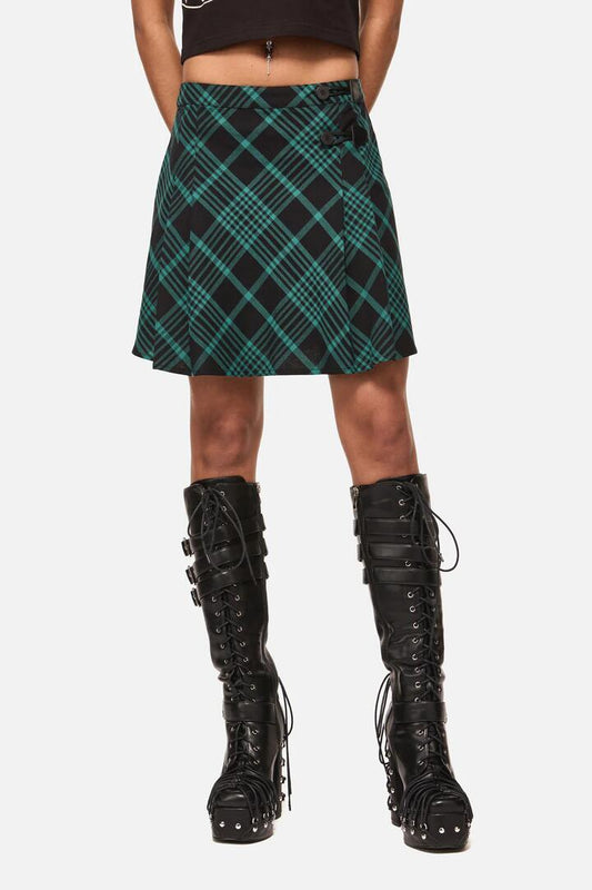 Image of a model wearing Skirts. Productname: Conjuring Tartan Goth Skirt in Black/Sage colour by brand - Black Friday