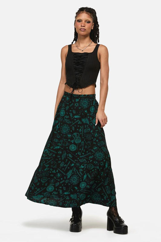 Image of a model wearing Skirts. Productname: Spellbook Goth Print Midi Skirt in Black colour by brand - Black Friday