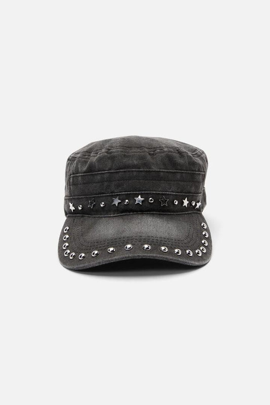 Image of a model wearing Denim. Productname: Washed Denim Star Stud Cap in Black colour by brand - Black Friday